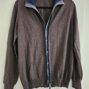 Gran Sasso Men's Zip-Up Sweater in Brown with Navy Trim